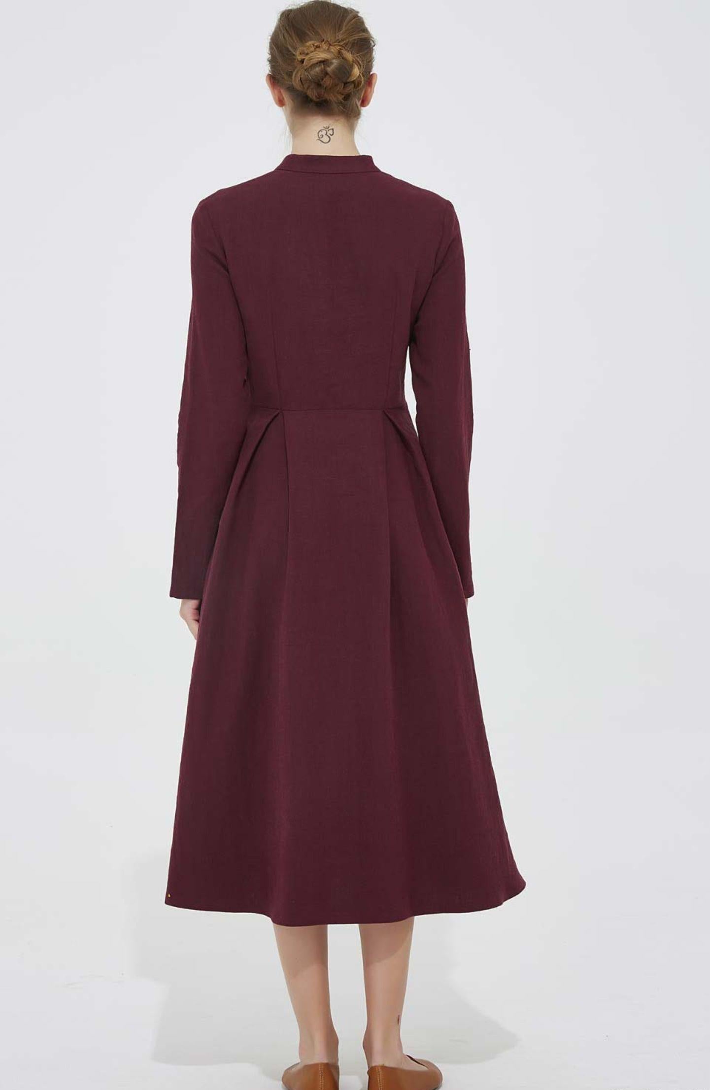 Burgundy Linen Midi Dress - Button Front A-Line Long Dress 5570 Xiaolizi Burgundy Linen Midi Dress - Button Front A-Line Long Dress 5570 Xiaolizi