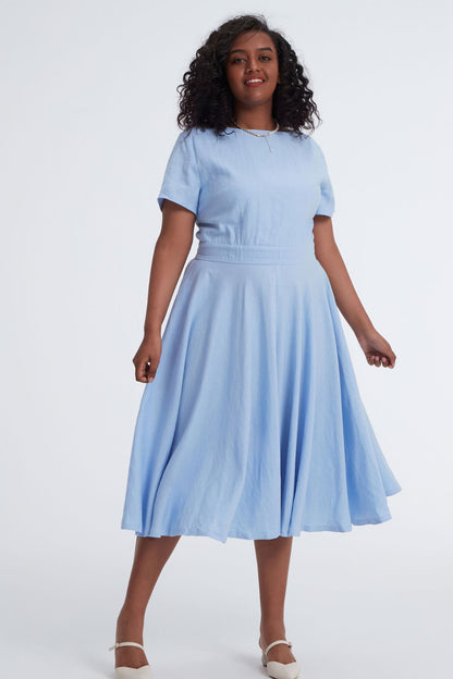 Blue Linen Midi Swing Dress - Boat Neck Pockets | Xiaolizi 3401