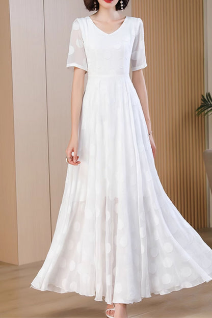 White Chiffon Maxi Dress - Flowy Polka Dot V-Neck 5052