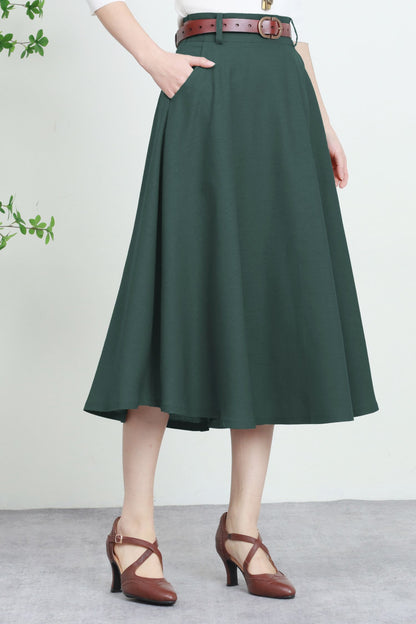 Green Linen Midi Skirt - High-Waisted A-Line with Pockets 5745