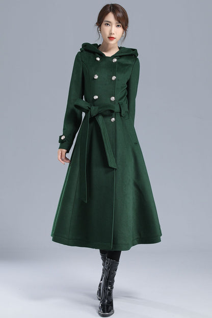 Emerald Green Wool Trench Coat - Hooded, Double Breasted, Mid-Calf Length 3212