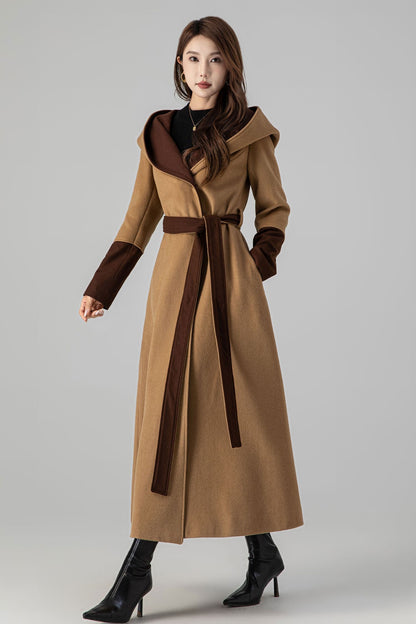 Camel Wool Trench Coat - Hooded, Two-Tone Contrast Cuffs 4505