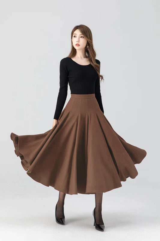 Brown Wool Midi Skirt – High Waist Flared A-Line Skirt | Vintage Winter Style 5392