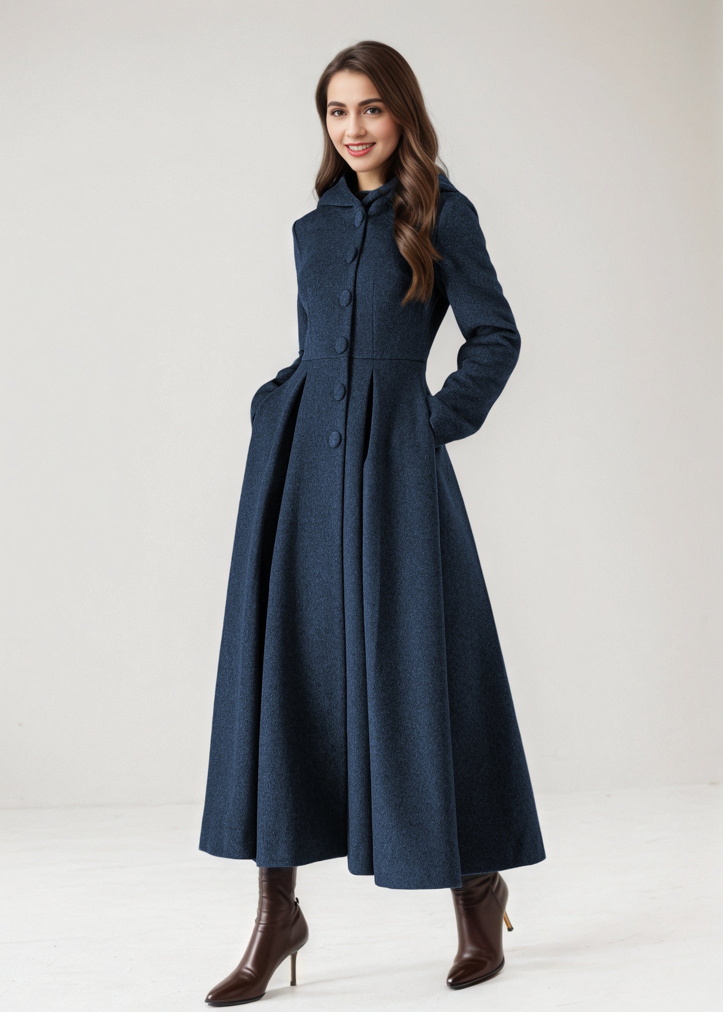 Burgundy Hooded Wool Maxi Coat – Vintage Swing Long Winter Overcoat 5242