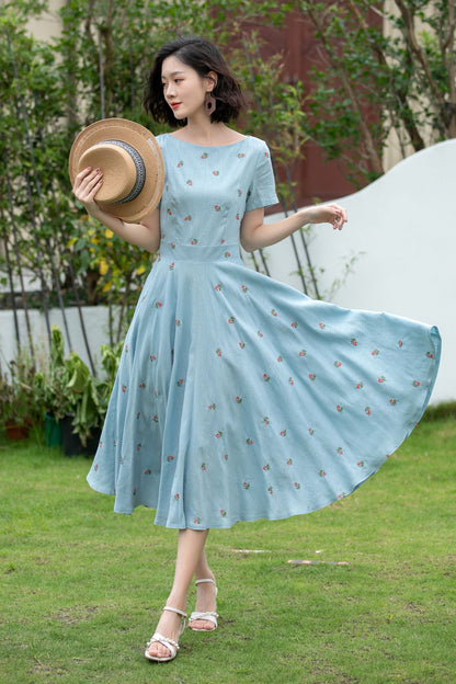 Blue Linen Cotton Fit and Flare Dress - Embroidered, Boat Neck 5204