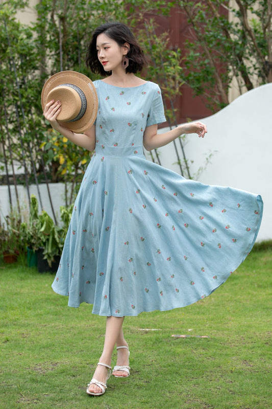 Fit and flare blue embroidered linen dress 5204