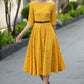 Yellow Linen Cotton Midi Dress – Vintage Fit & Flare with Pockets 6668