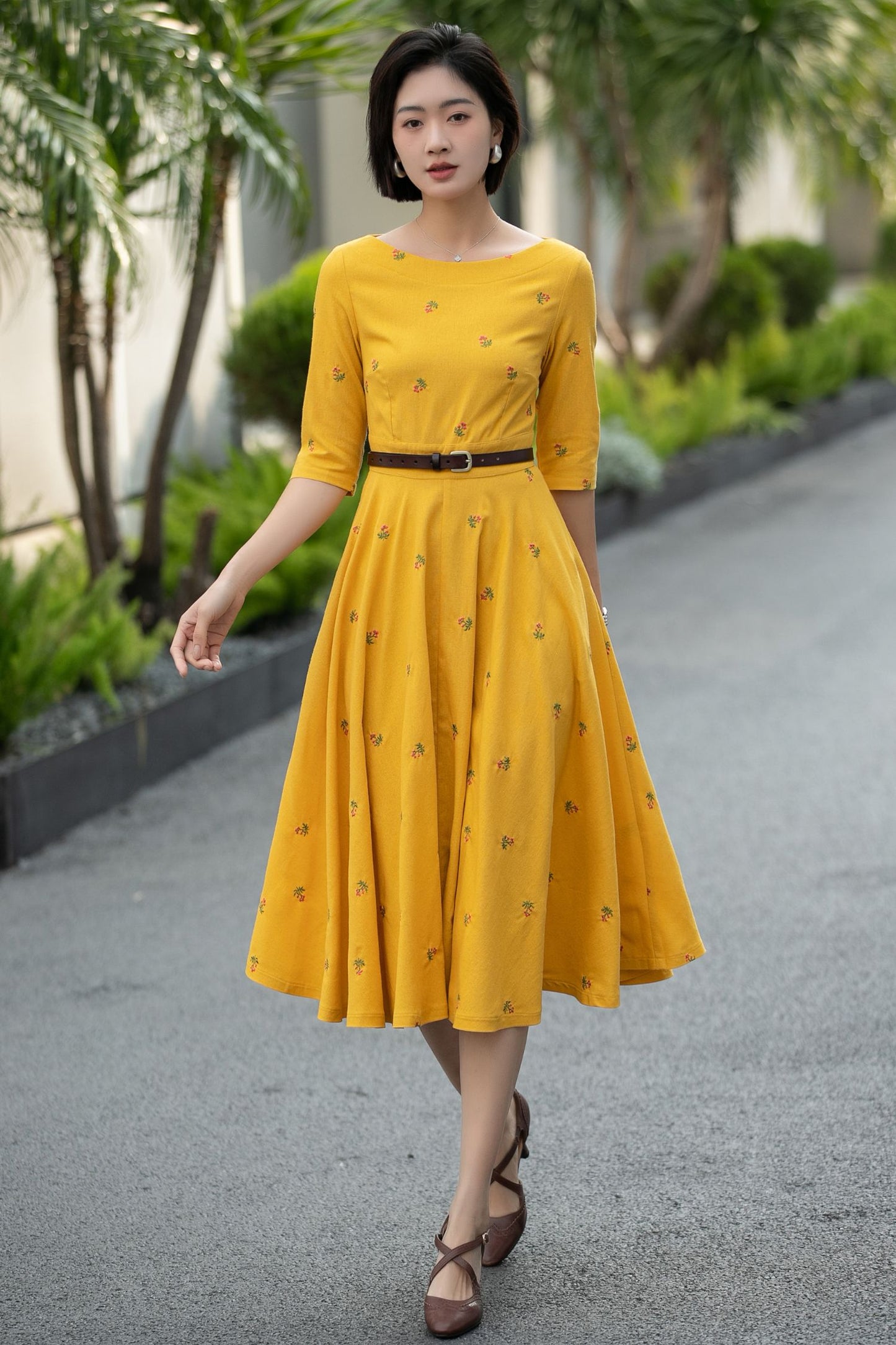 Yellow Linen Cotton Midi Dress – Vintage Fit & Flare with Pockets 6668