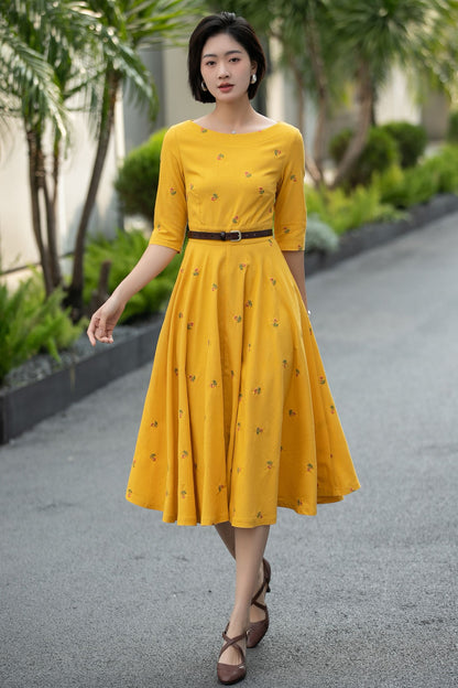 Yellow Linen Cotton Midi Dress – Vintage Fit & Flare with Pockets 6668 -Size XS #CK2600011
