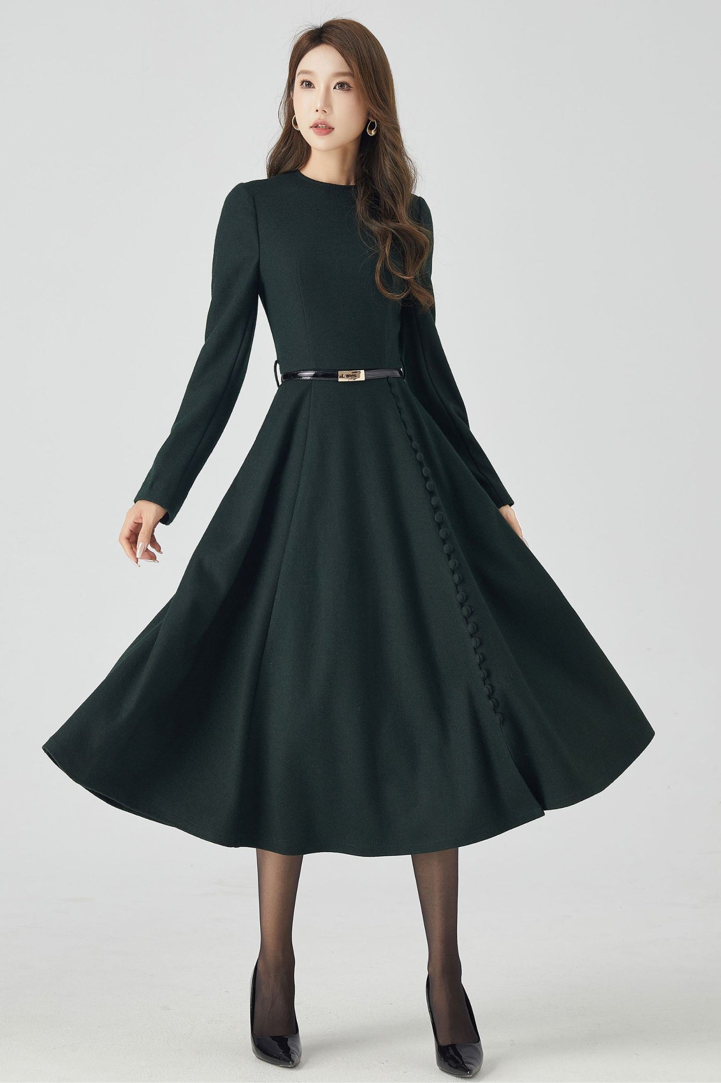 Dark Green Winter Long Wool Dress 4522