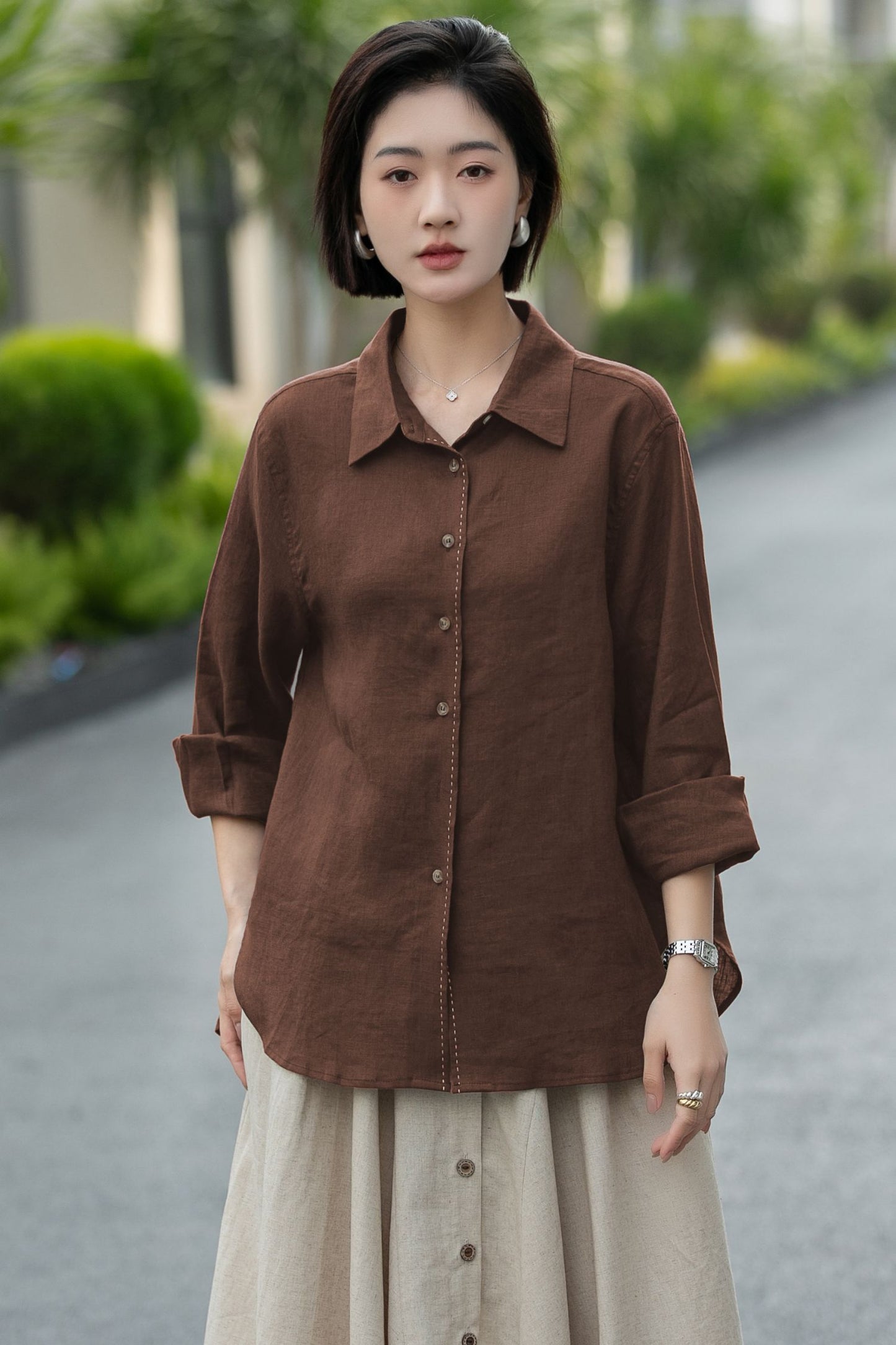 Chocolate Brown Linen Blouse – Relaxed Fit Button-Up Shirt for Women 6677