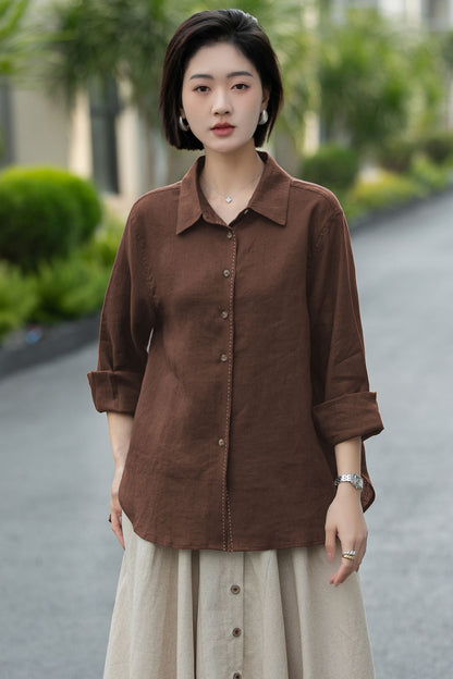Chocolate Brown Linen Blouse – Relaxed Fit Button-Up Shirt for Women 6677
