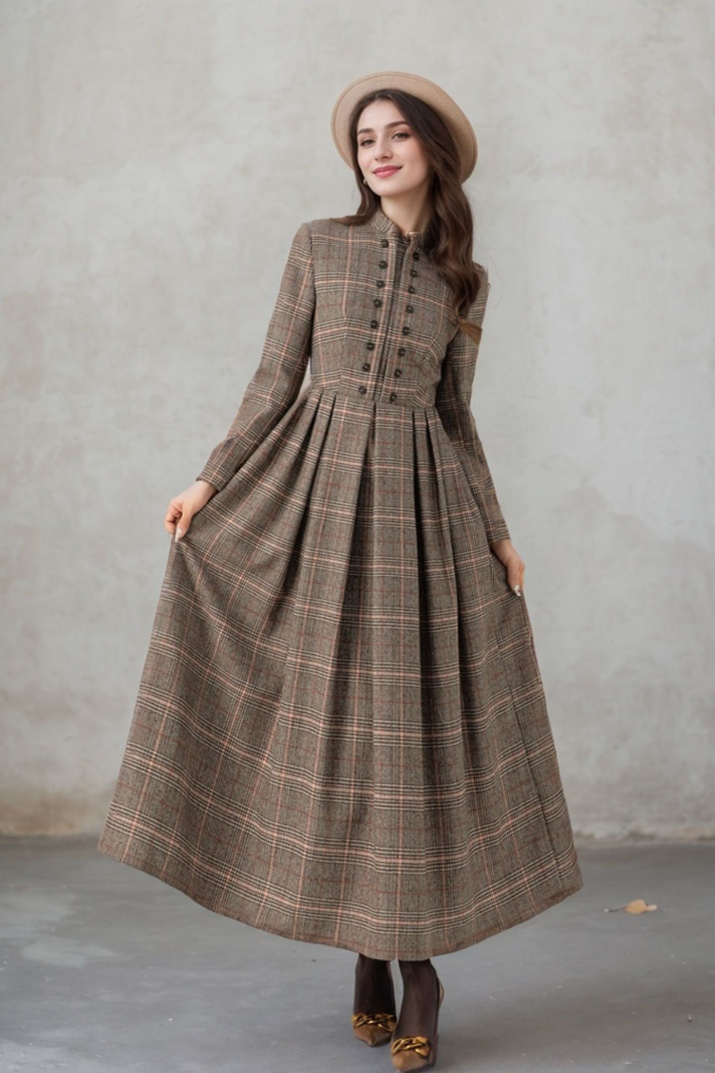 Maxi pleated winter long plaid wool dress 5408