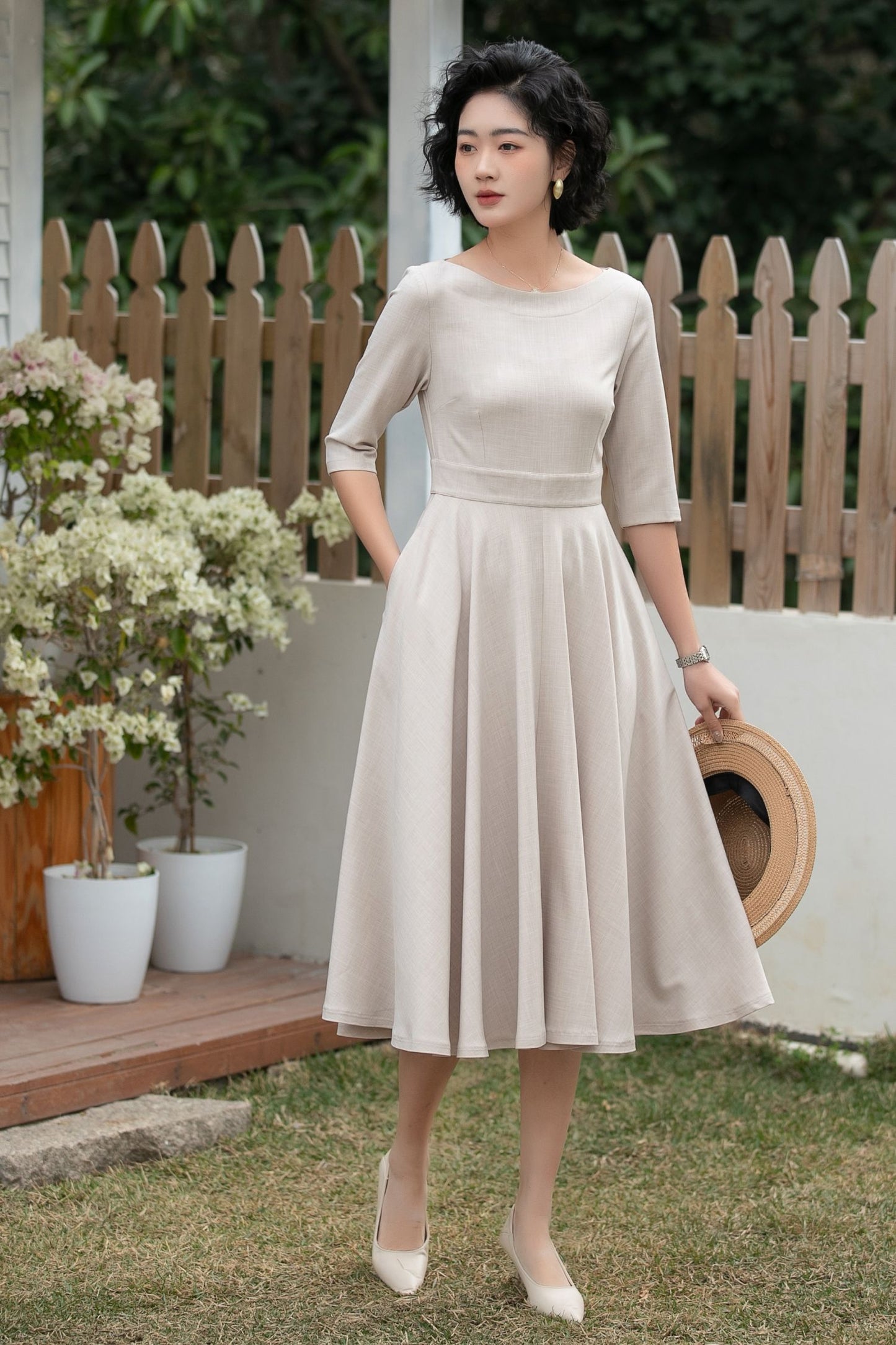 Beige Linen Midi Dress – Handmade Vintage A-Line Fit & Flare Dress with Pockets | Xiaolizi 6700 -Size XS #CK2600184