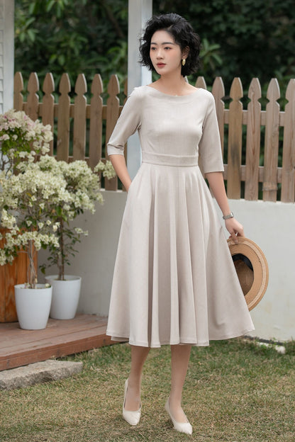 Beige Linen Midi Dress – Handmade Vintage A-Line Fit & Flare Dress with Pockets | Xiaolizi 6700 -Size XS #CK2600184