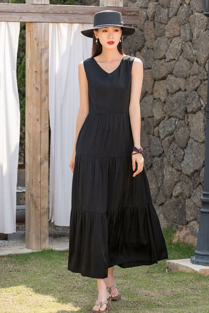 Black Linen Maxi Dress - Sleeveless Tiered Flowy Silhouette 2837