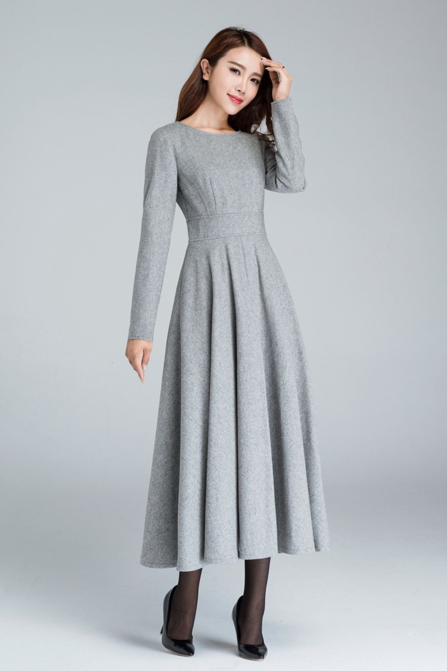 Gray Long sleeve Swing wool dress 1616