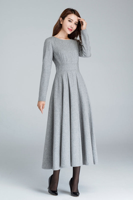 Gray Long sleeve Swing wool dress 1616