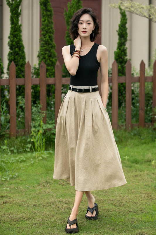 Pleated midi beige linen skirt with pockets 5237