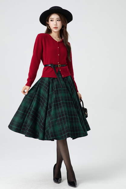 Handmade Wool Plaid Circle Skirt – Vintage High Waist Winter Midi Skirt | Xiaolizi 5319