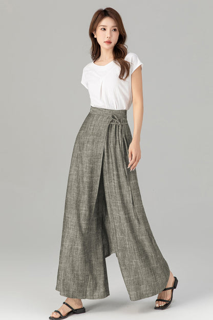 Gray Linen Wide Leg Wrap Pants - Flowing Tie Waist Detail 5749
