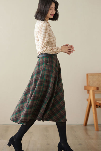 Vintage Plaid Wool Midi Skirt – High-Waisted A-Line Silhouette – 4623