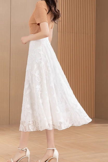 Midi white high waisted chiffon skirt 6190