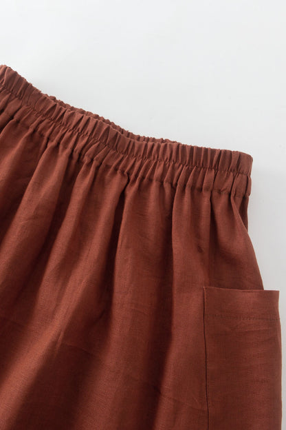 Rust Linen A-Line Midi Skirt - Elastic Waist with Pockets 4905