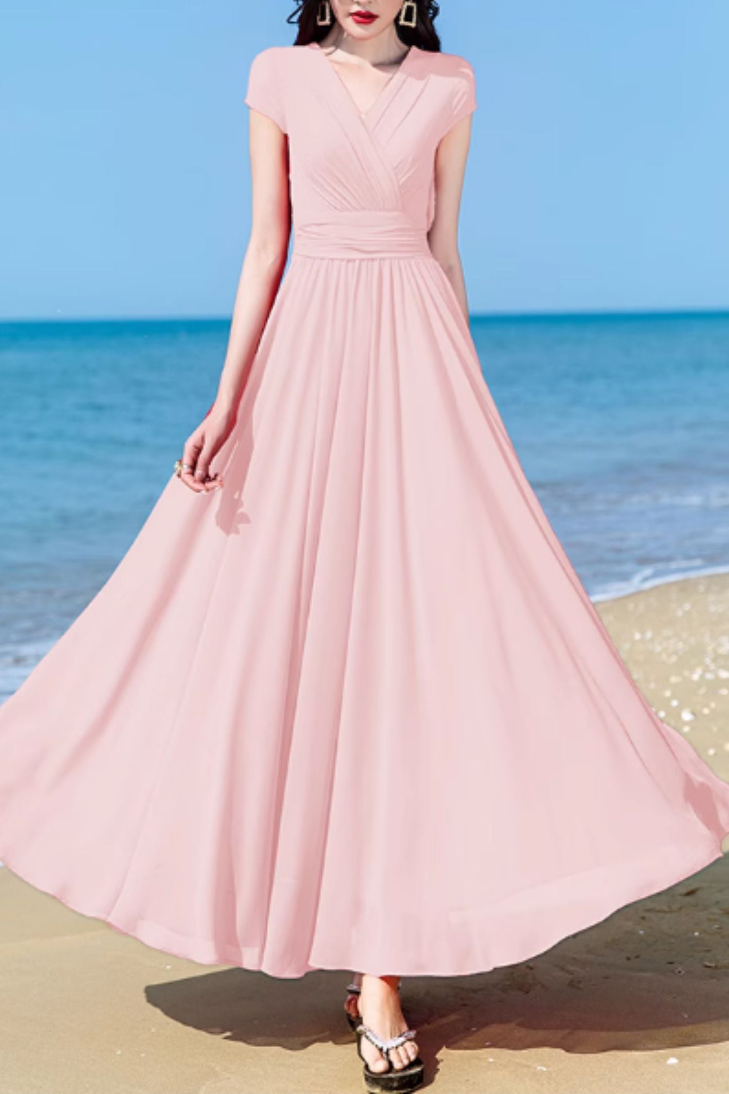 Blush Pink Chiffon Maxi Dress with V-Neck Swing Silhouette – Xiaolizi