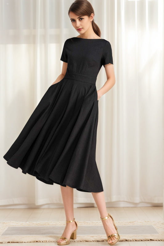Little Black Linen Swing Dress – Boat Neck Fit and Flare Midi 6623