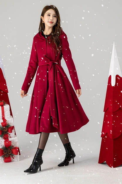 Red Wool Hooded Coat - Mid-Calf Length, Princess Silhouette 4615