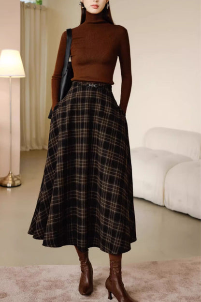 Vintage inspired long plaid winter wool skirt 5416