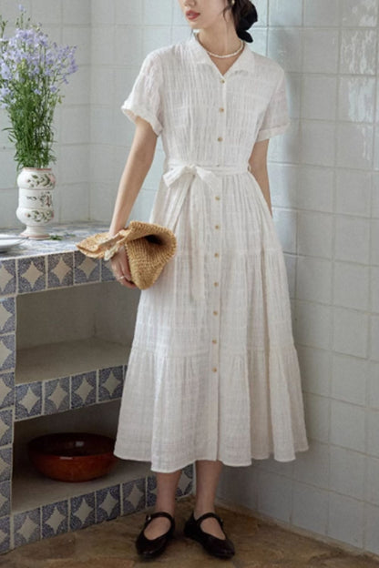 Navy Blue Linen Shirt Dress - Tiered Skirt with Tie Belt Waist 4844