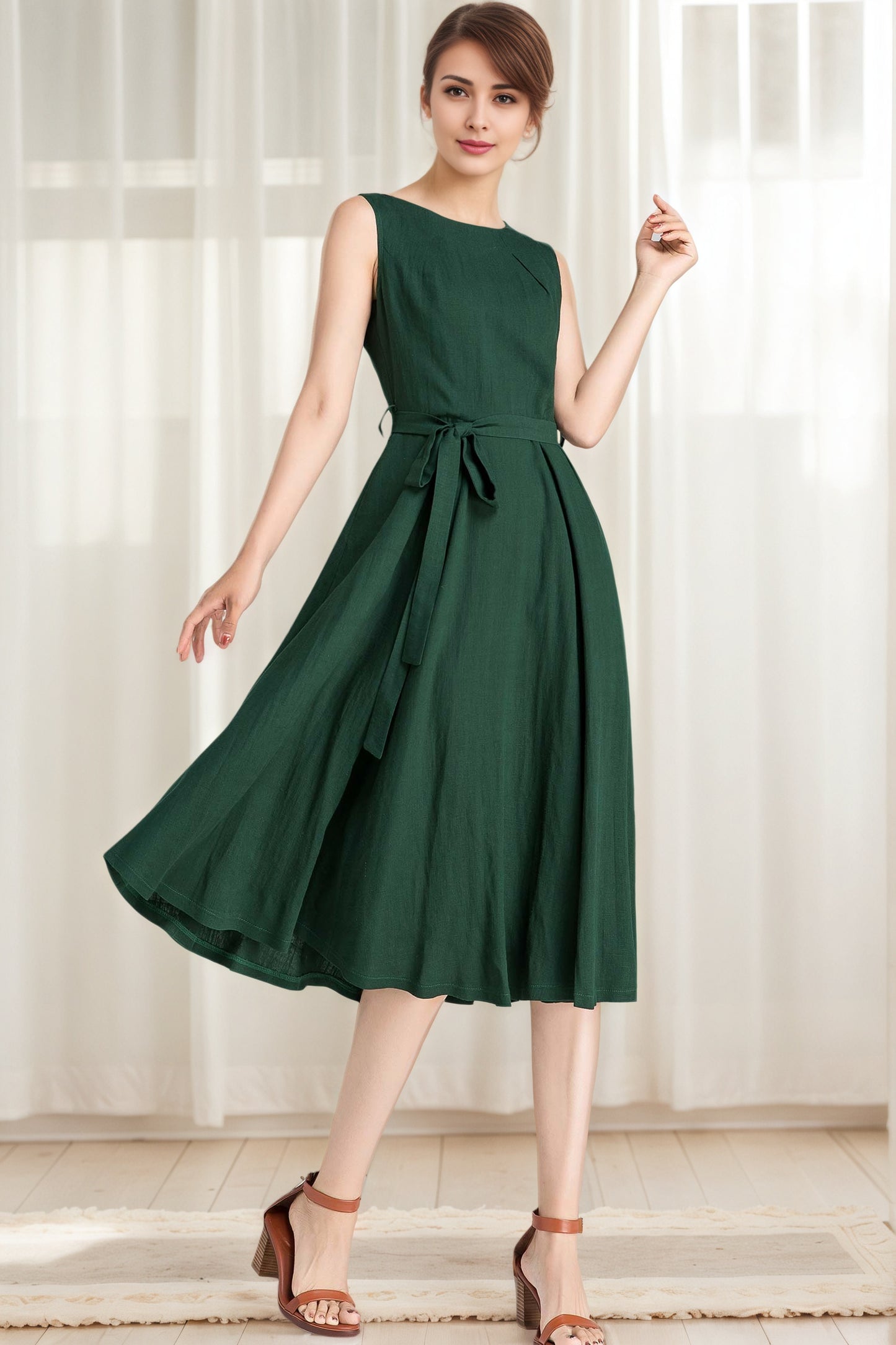 Green Linen Fit and Flare Dress – Vintage Sleeveless Midi 6624