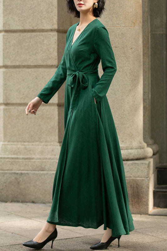 Green Wrap Linen Dress for Women 5673