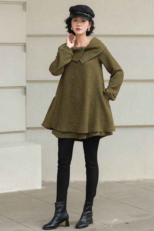 Handmade Wool Blend Tunic Coat – Vintage-Inspired Oversized Collar for Fall/Winter | Xiaolizi 6513