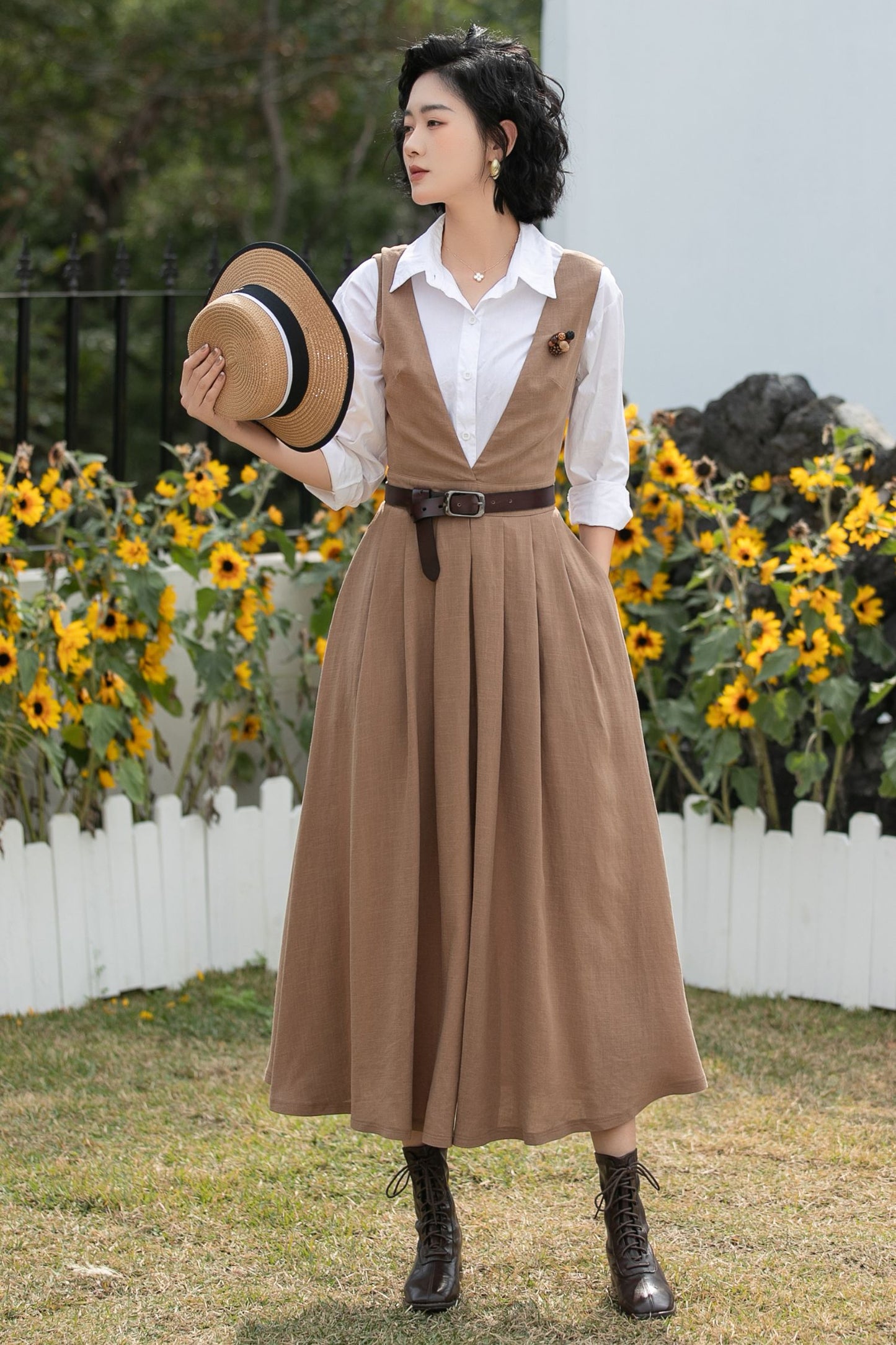 Xiaolizi Linen Pinafore Dress – Vintage V Neck Midi Swing Dress 6690