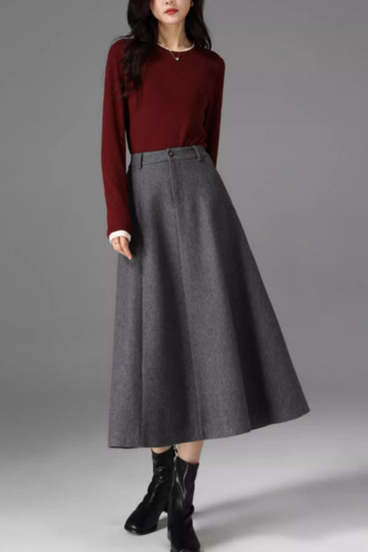 Gray Wool Midi Skirt - A-Line Silhouette with Pockets 5470