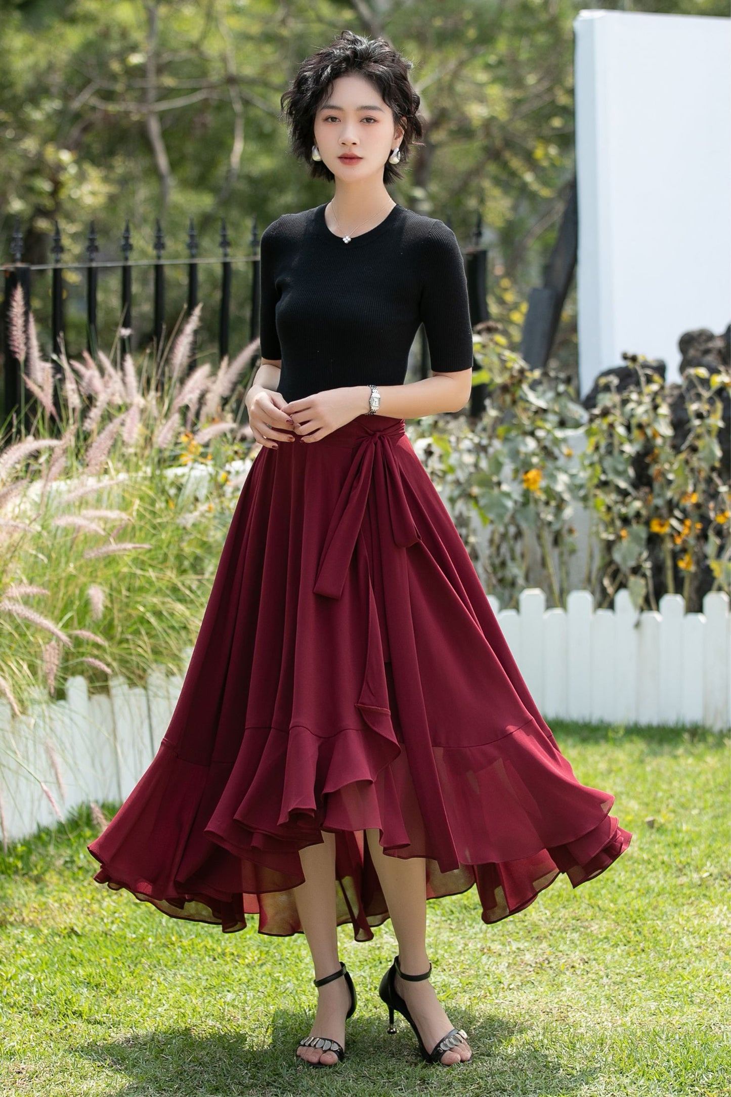 Chiffon Wrap Midi Skirt with Asymmetric Ruffle Hem | Xiaolizi 6742