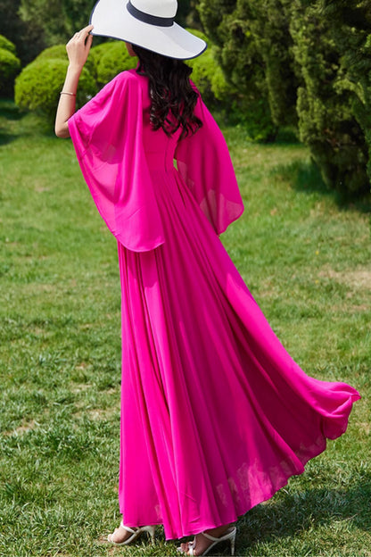 Fuchsia Polyester Maxi Dress - Flowing Swing Sleeve, Fitted Waist c4978