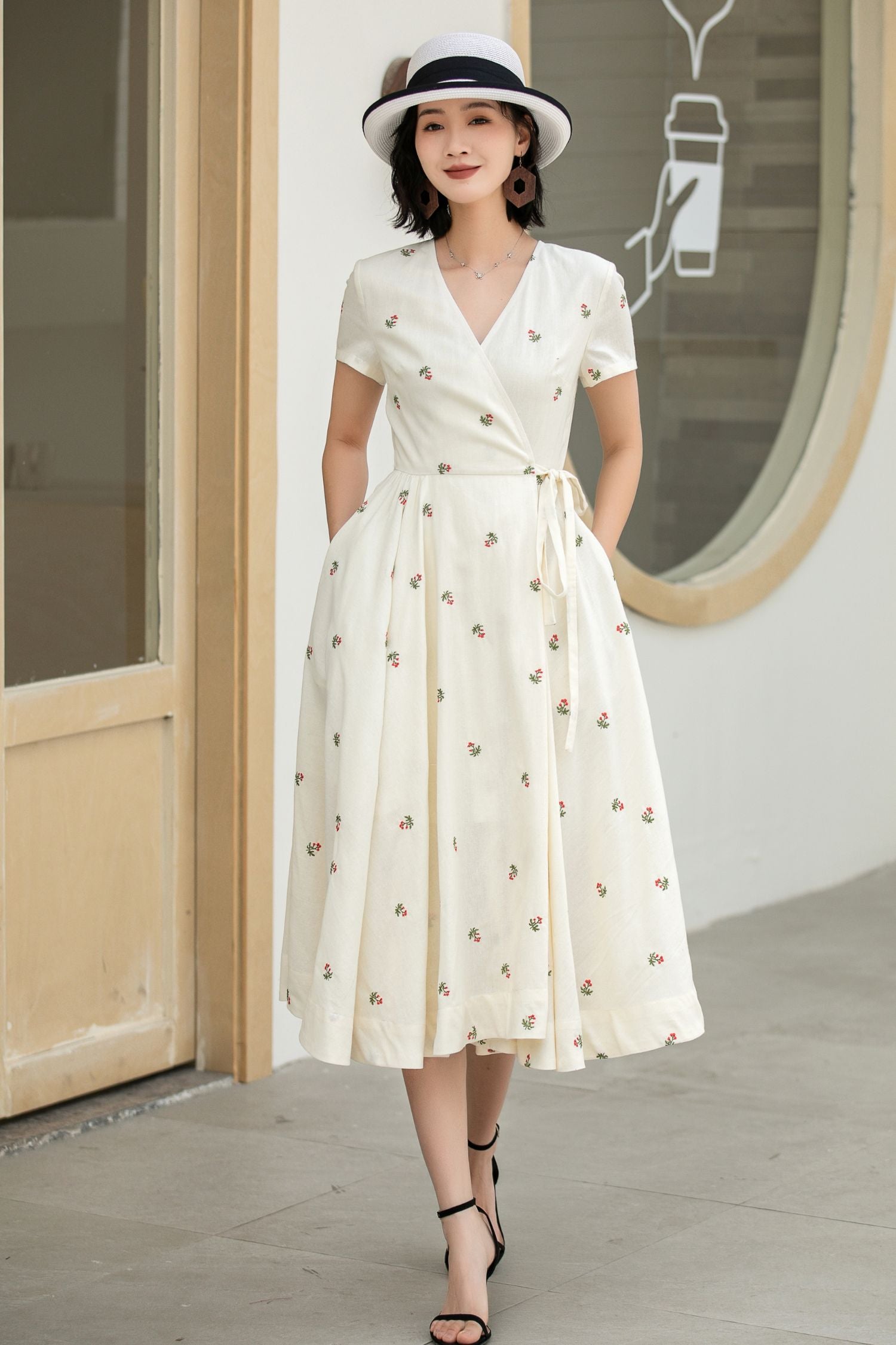 Cream White Embroidered Wrap Dress – Handmade Linen Cotton Summer Midi 5835 Cream White / Custom order
