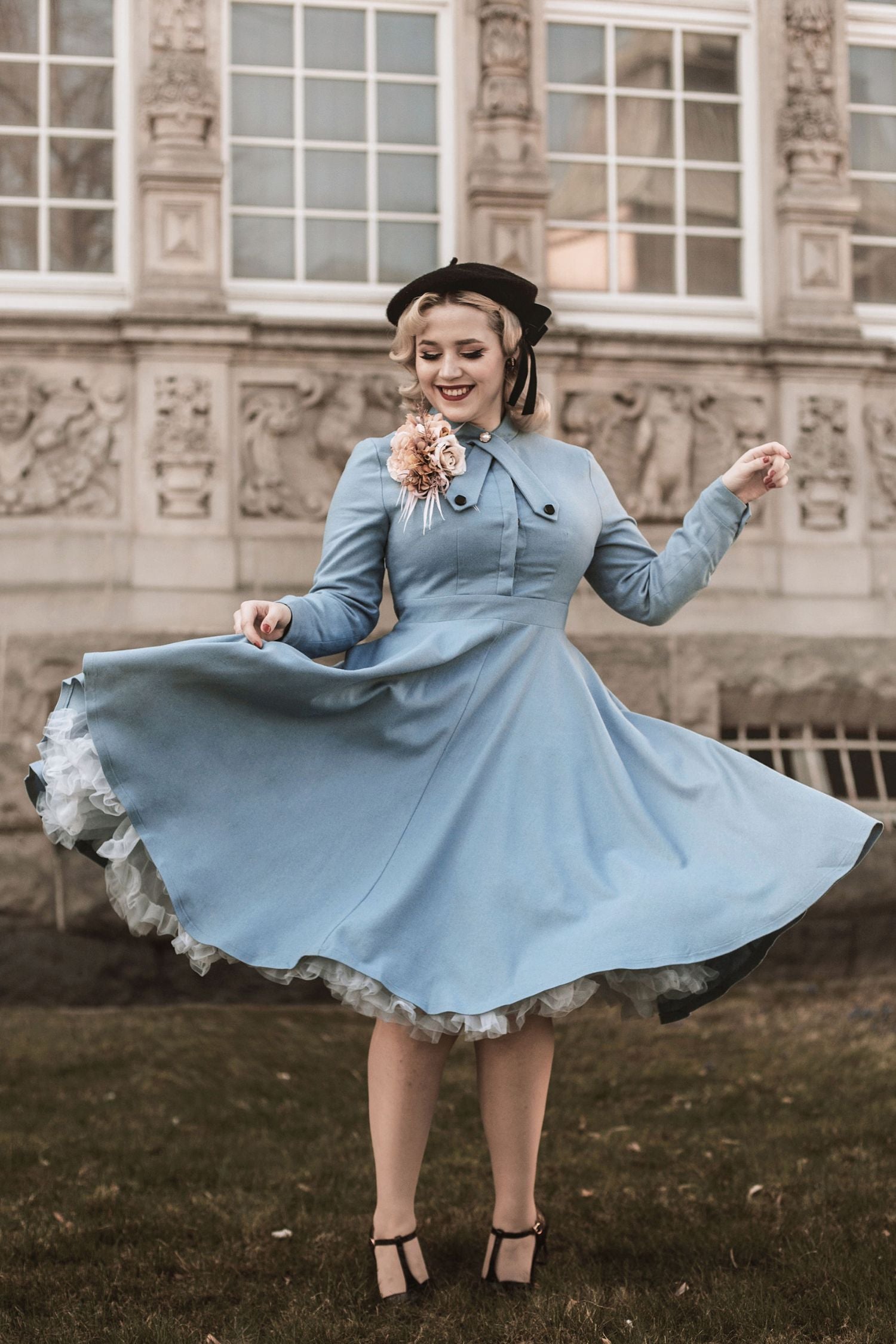 Blue Wool Fit & Flare Dress - 50s Vintage Long Sleeve | Xiaolizi 2749
