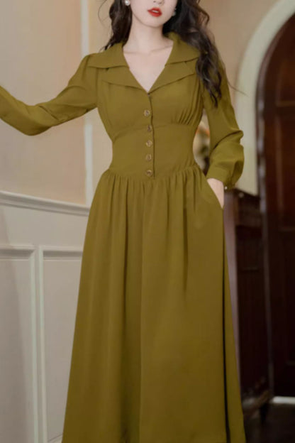 Army Green Polyester Midi Dress - Vintage Fit and Flare 4841