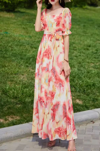 Flower printed long prom summer beach dress 5037