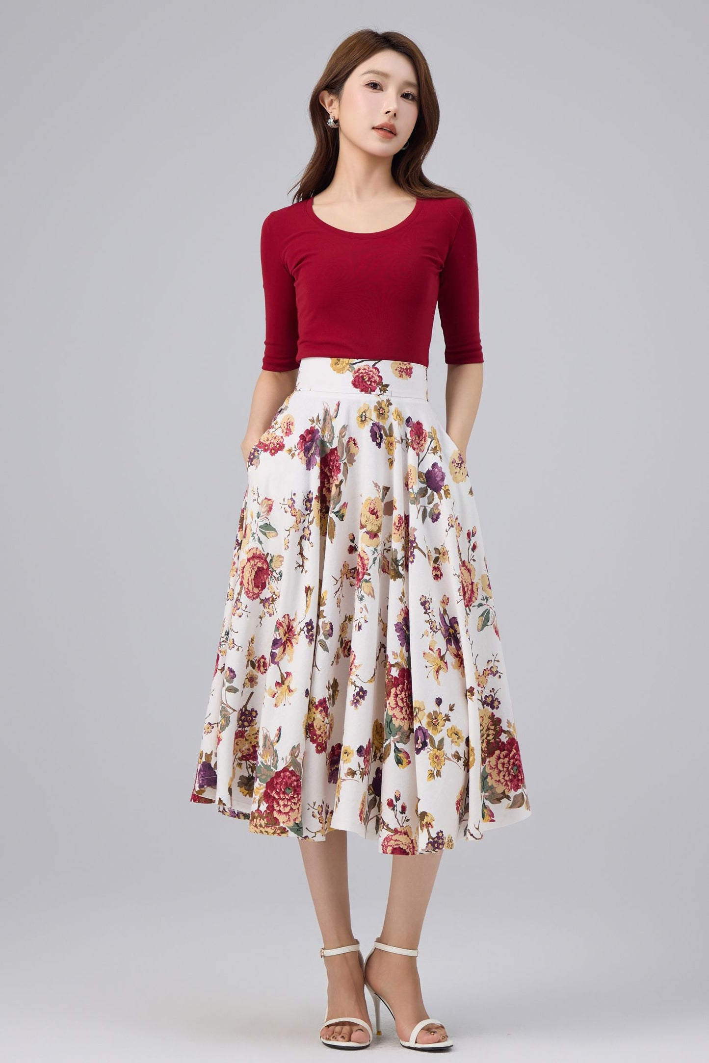 White Floral Cotton Linen Midi Skirt - High Waist, A-line Swing | Xiaolizi 6764