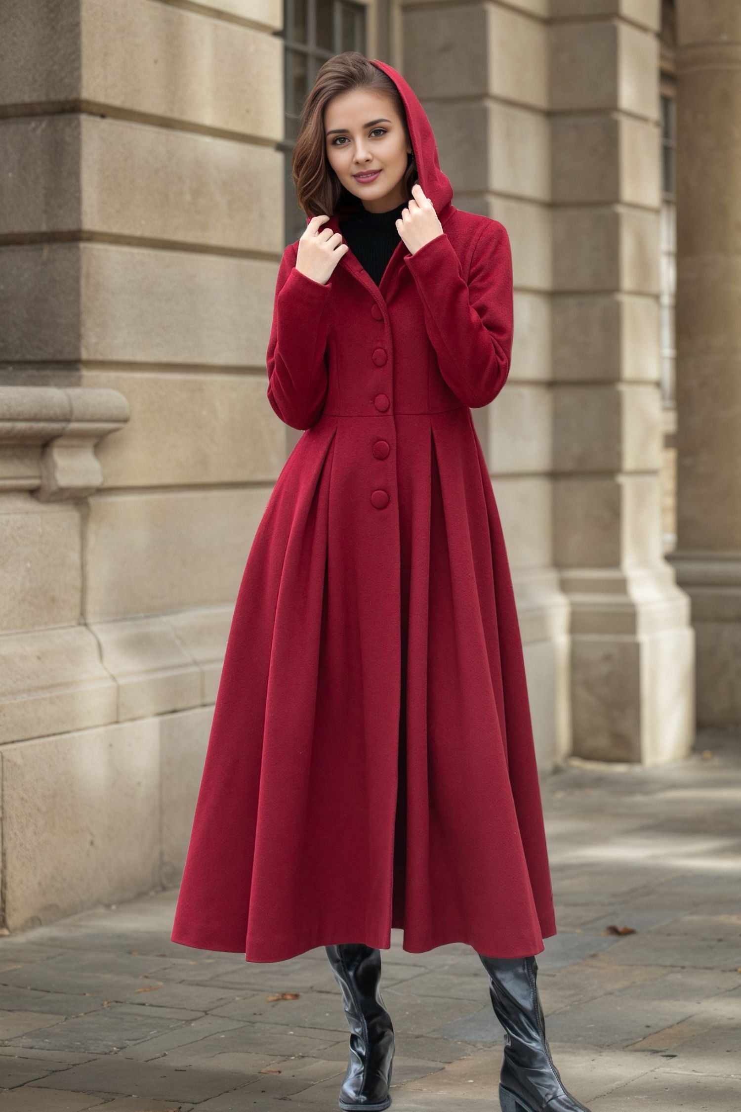 Red Wool Swing Coat with Hood - Elegant Midi Length Winter Coat