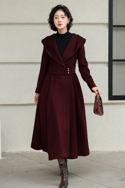 Burgundy Wool Long Coat - Hooded Oversize with Self Belt 6534