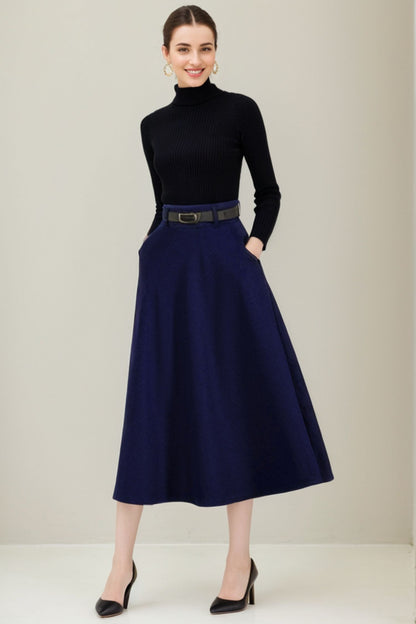 Navy Wool A-Line Maxi Skirt - Side Pockets, Zipper Closure 5234