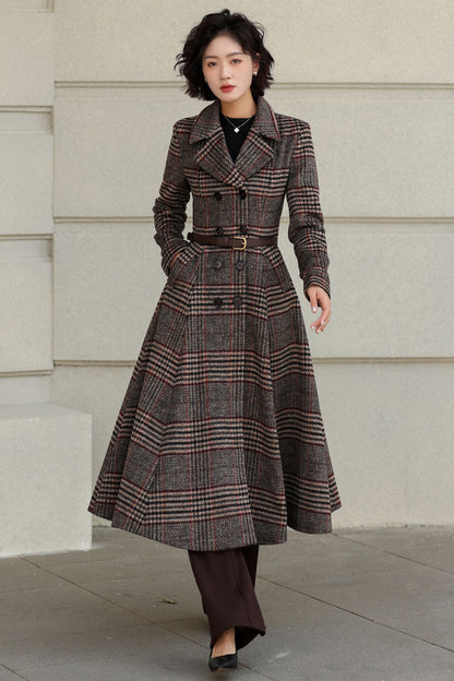 Plaid Wool Coat - Vintage Inspired Fit and Flare Long Double Breasted 6529