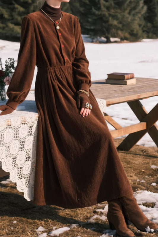Vintage Corduroy Midi Dress – Button Front Long Sleeve Winter Dress | Xiaolizi 6648